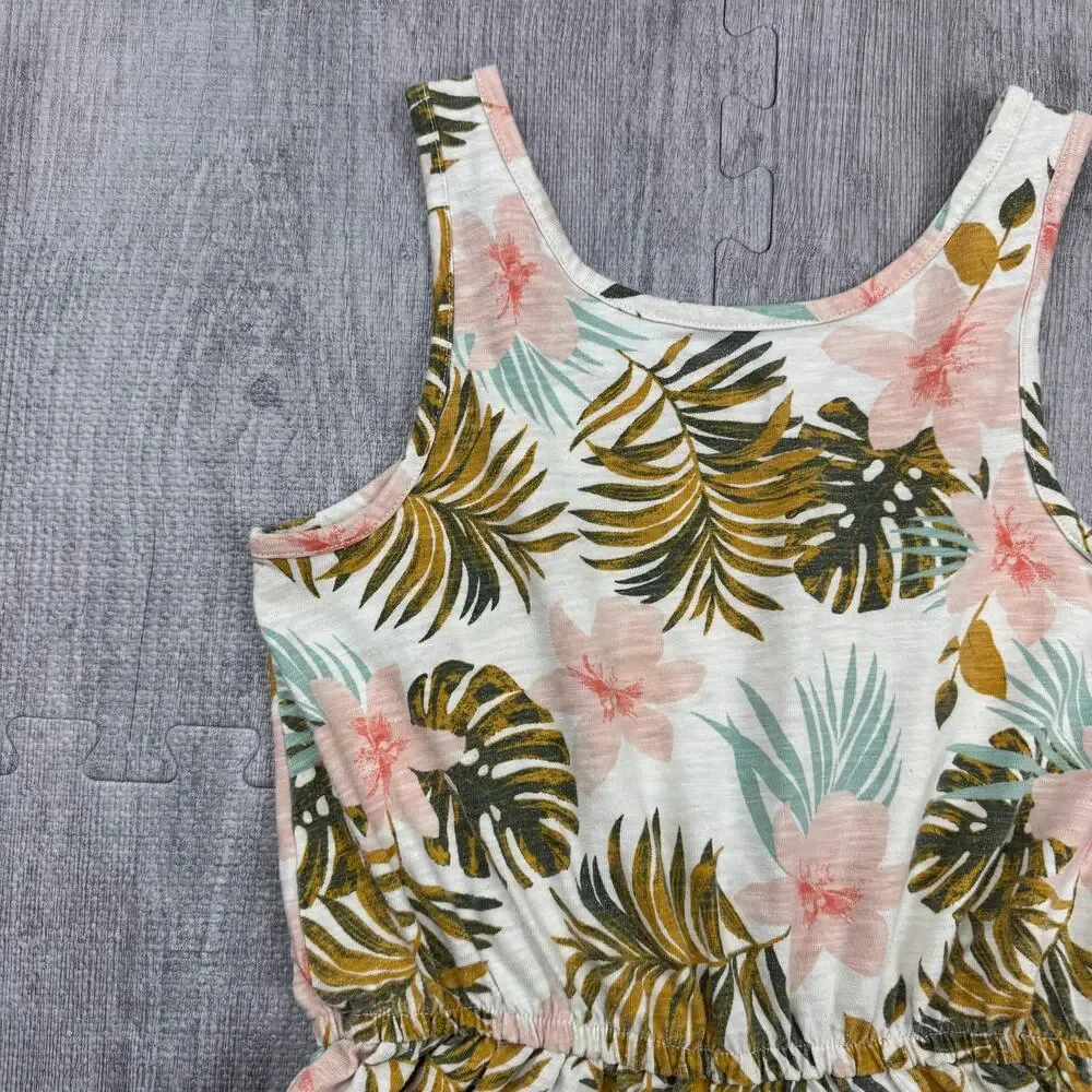 SO Girl's Cream Floral Palm Hibiscus Romper Sz L 10/12 Tropical Beachy Summer